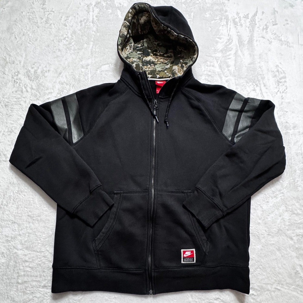 Nike Men XL Black Full Zip Hoodie Digital Camo Hood Fleece Sweatshirt Streetwear